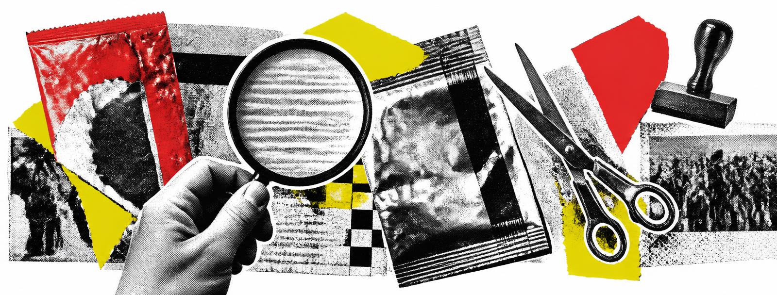 Zine koláž: ruka s lupou nad složením na obalu, nůžky a razítko
