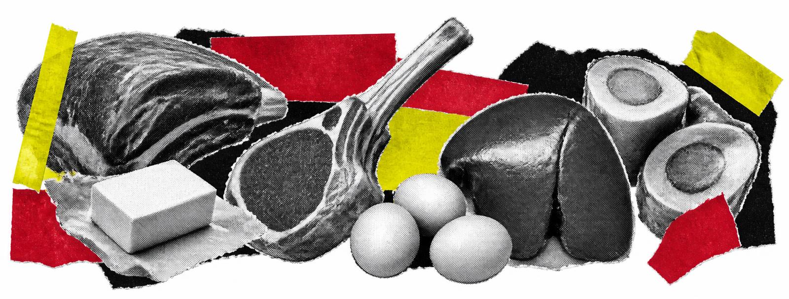 Zine koláž masa: steak, kotleta, vejce, máslo, játra a morkové kosti